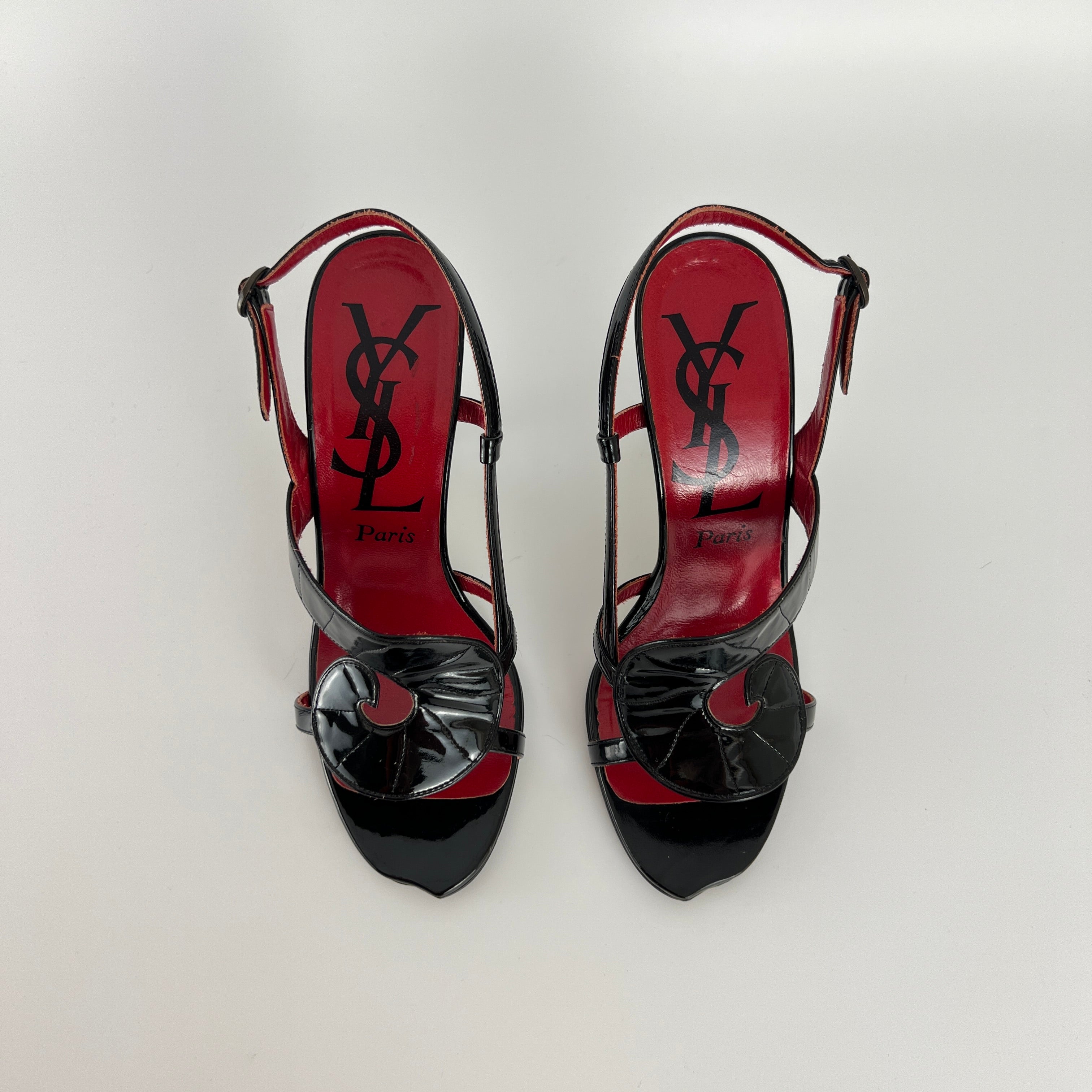 YSL Saint Laurent | Vintage Black Patent Leather Swirl Slingback Sandal Heels (35.5)