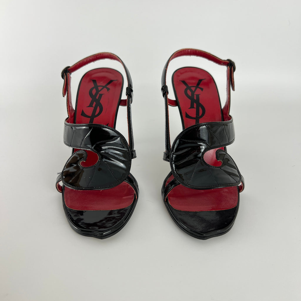 YSL Saint Laurent | Vintage Black Patent Leather Swirl Slingback Sandal Heels (35.5)