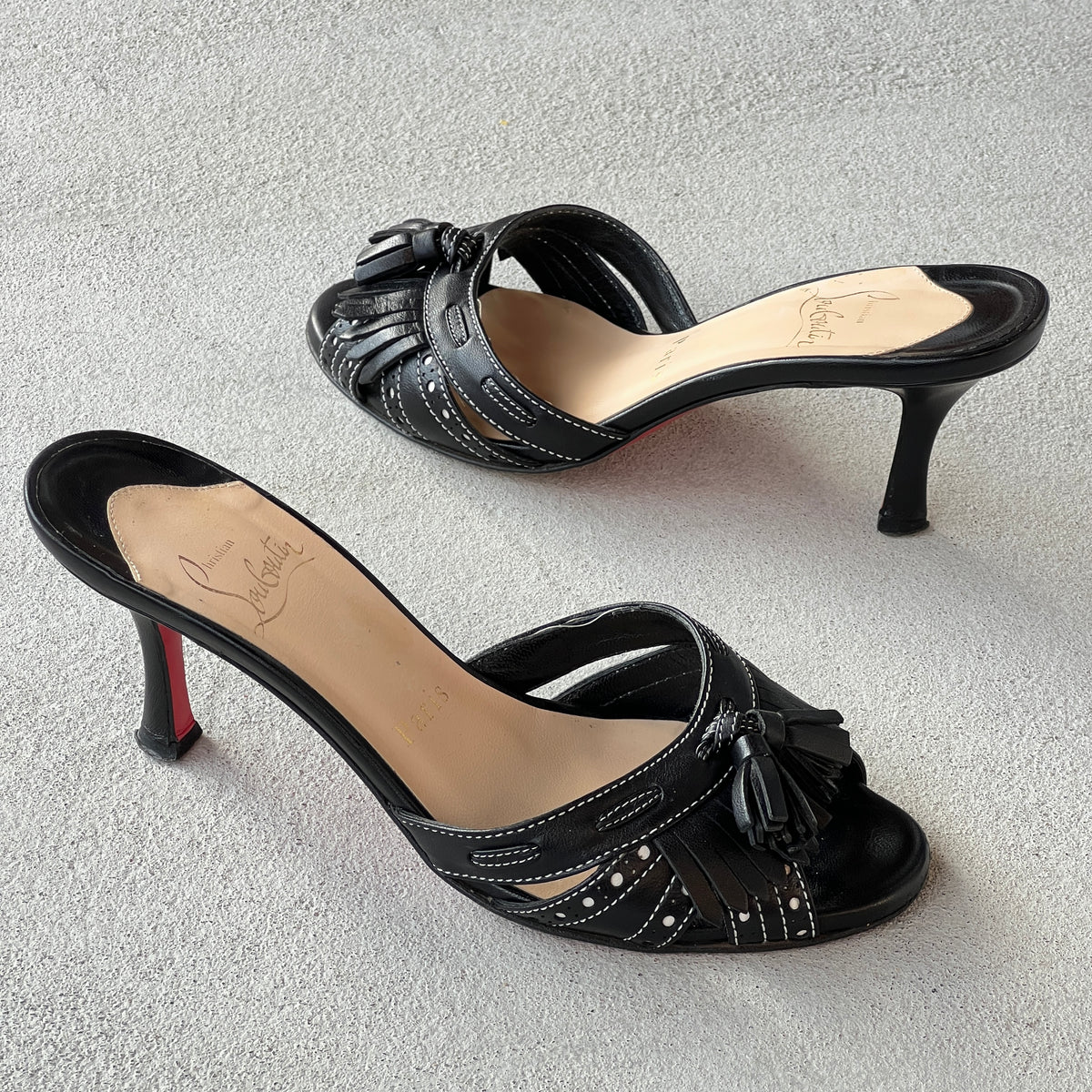 Louboutin | Black Leather Brogue Tassel Slide Mule (34)