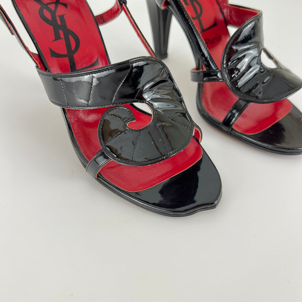 YSL Saint Laurent | Vintage Black Patent Leather Swirl Slingback Sandal Heels (35.5)