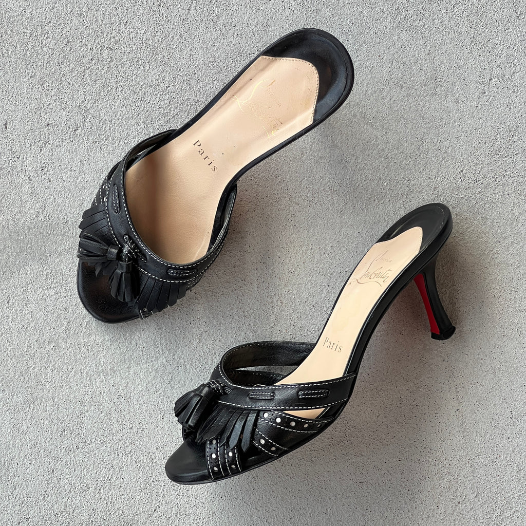 Louboutin | Black Leather Brogue Tassel Slide Mule (34)