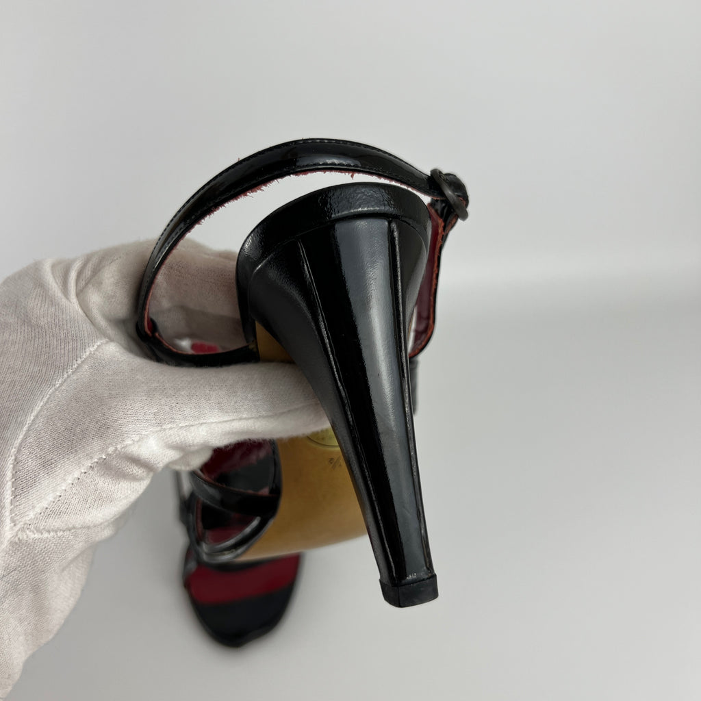 YSL Saint Laurent | Vintage Black Patent Leather Swirl Slingback Sandal Heels (35.5)