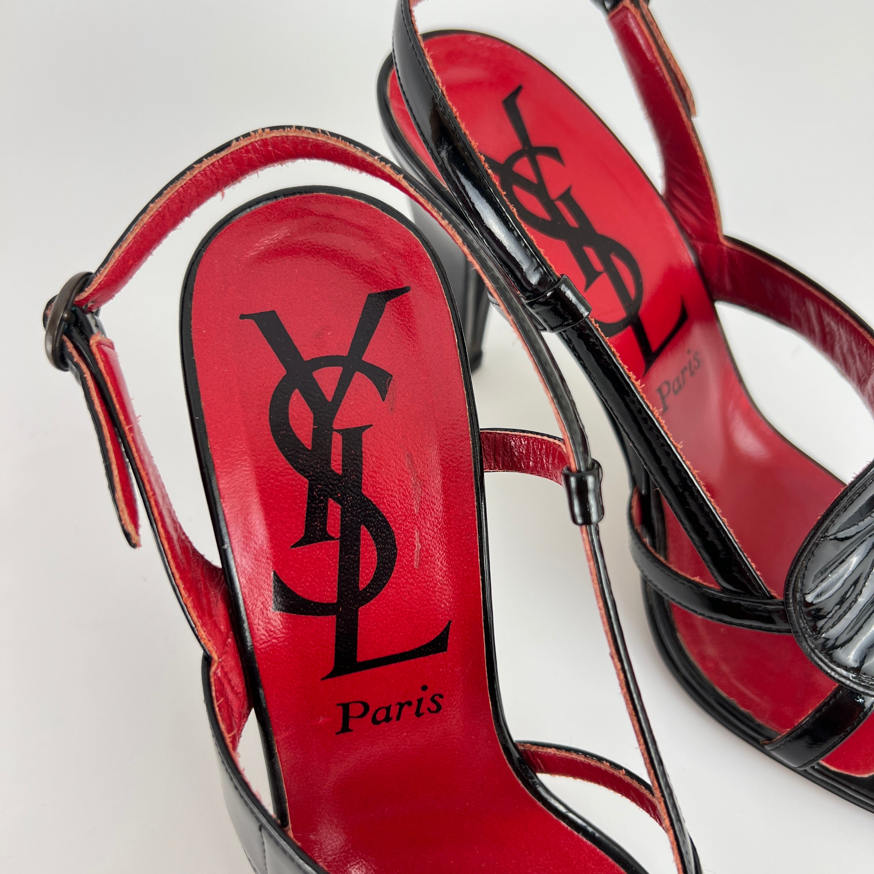 YSL Saint Laurent | Vintage Black Patent Leather Swirl Slingback Sandal Heels (35.5)