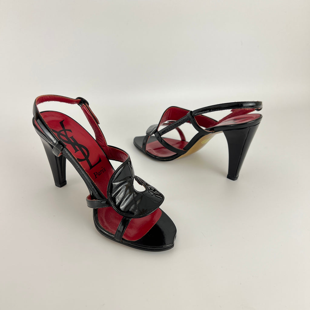 YSL Saint Laurent | Vintage Black Patent Leather Swirl Slingback Sandal Heels (35.5)