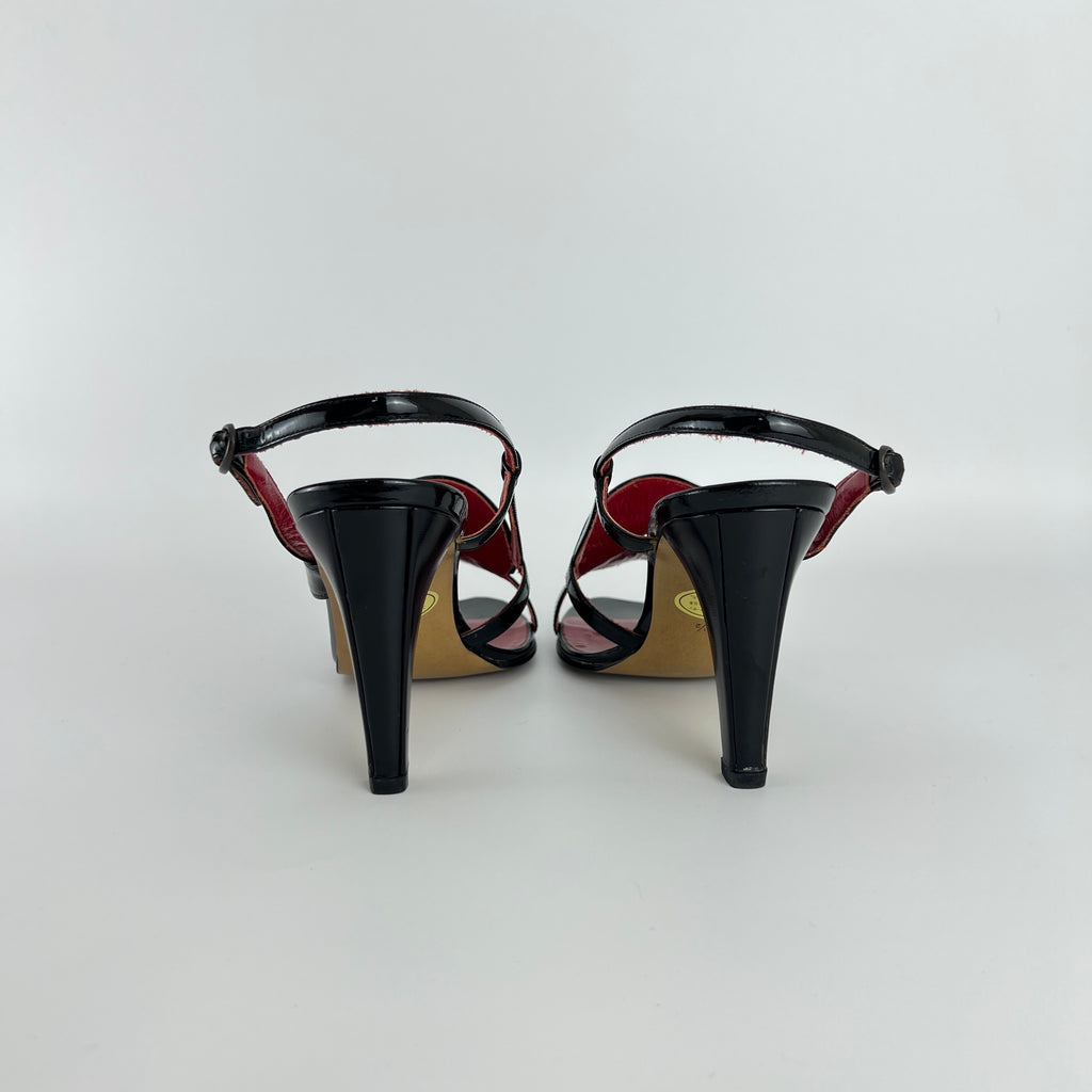 YSL Saint Laurent | Vintage Black Patent Leather Swirl Slingback Sandal Heels (35.5)