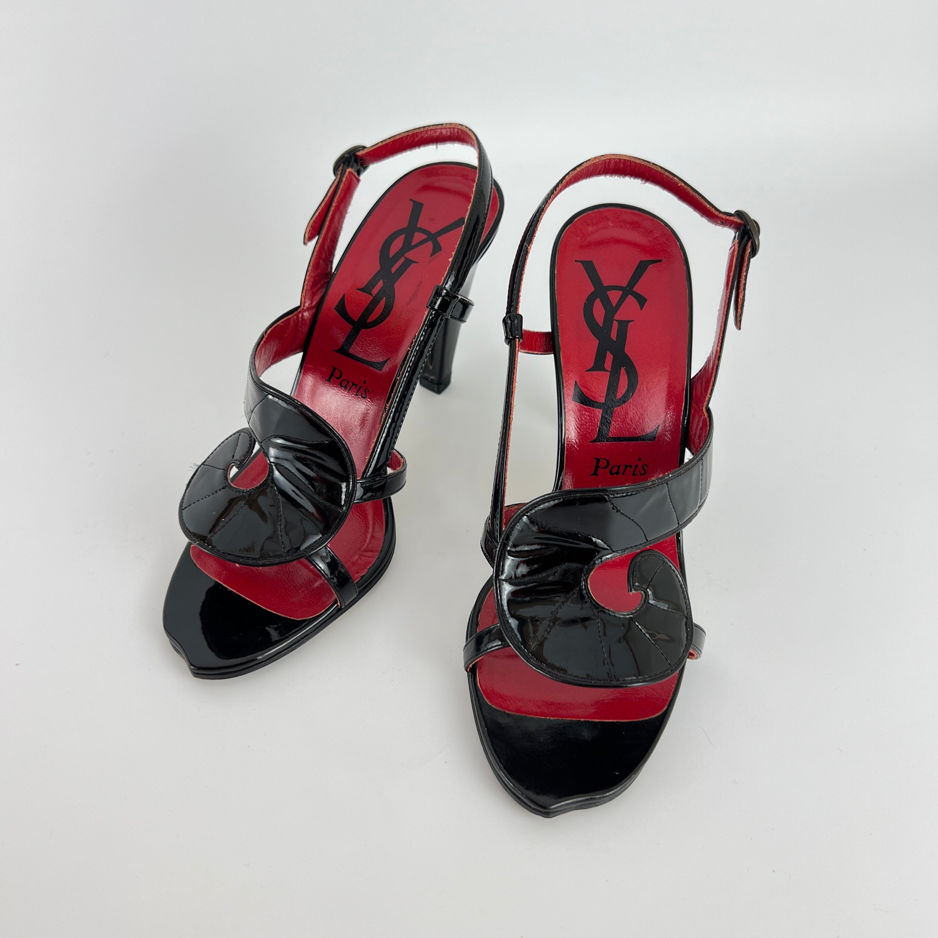 YSL Saint Laurent | Vintage Black Patent Leather Swirl Slingback Sandal Heels (35.5)