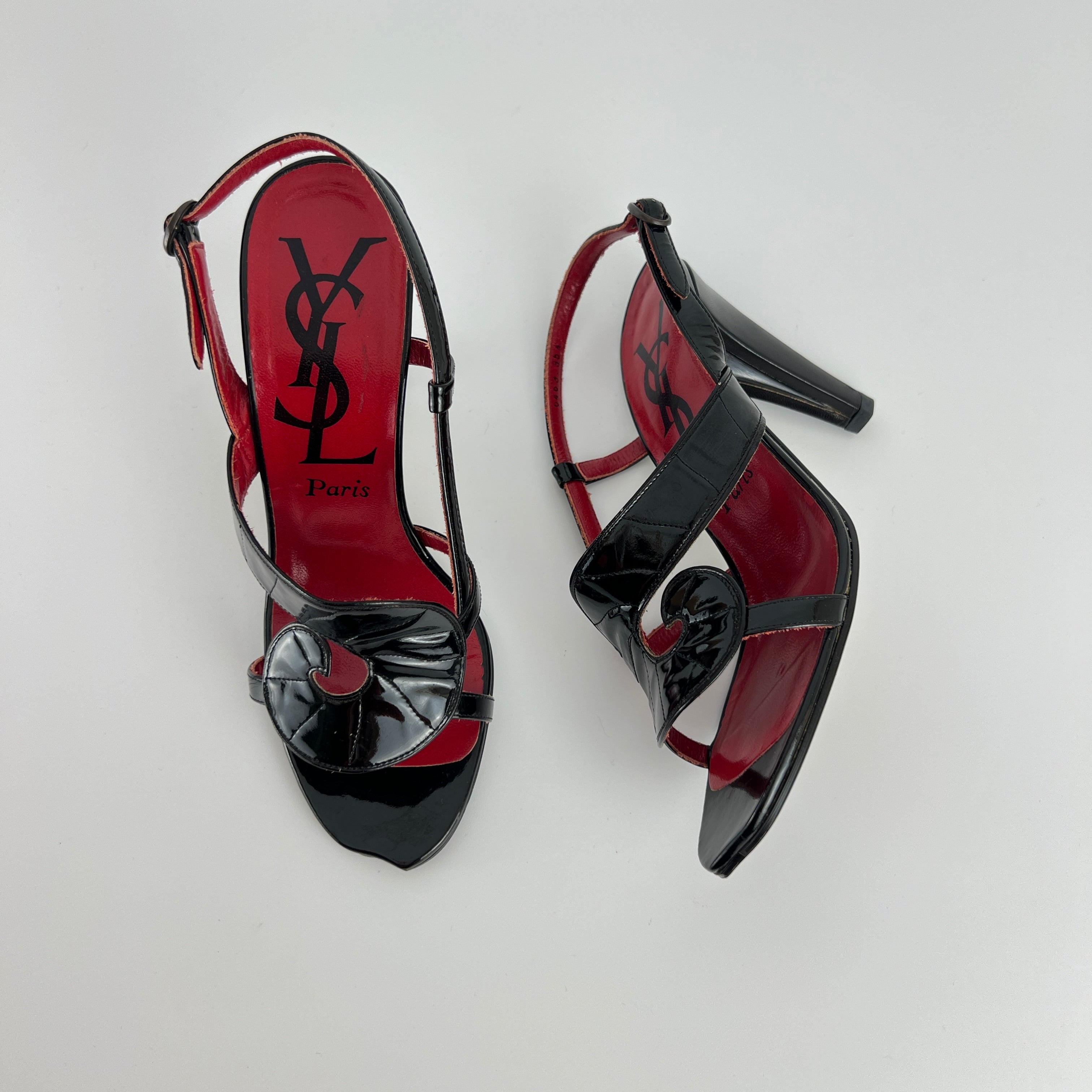 YSL Saint Laurent | Vintage Black Patent Leather Swirl Slingback Sandal Heels (35.5)