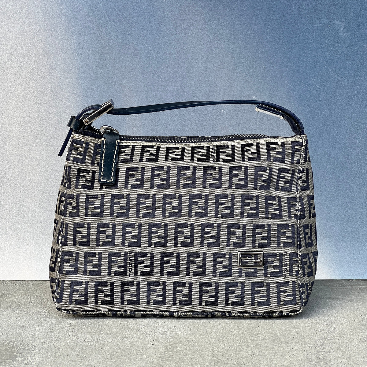 Fendi | FF Zucchino Monogram Canvas Navy Leather Silver Hardware Pochette Bag