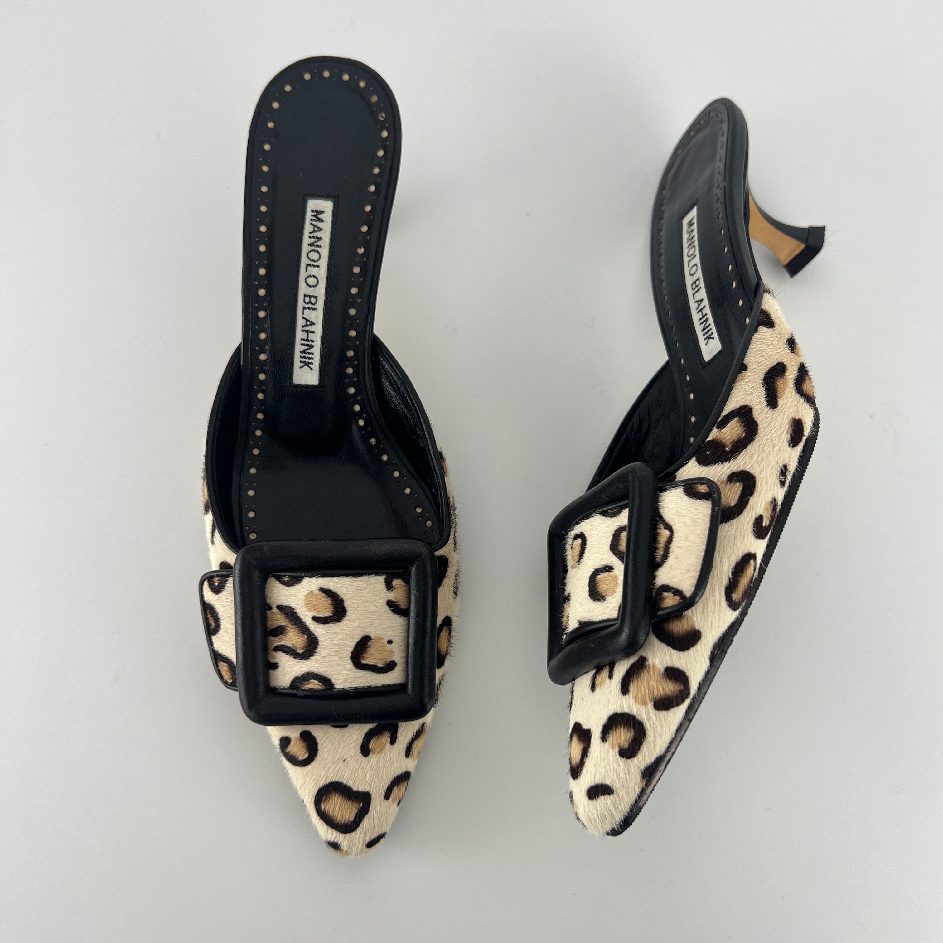 Manolo Blahnik | Calf Hair Leopard Print Black Buckle Maysale Pointed Toe Mules (35)