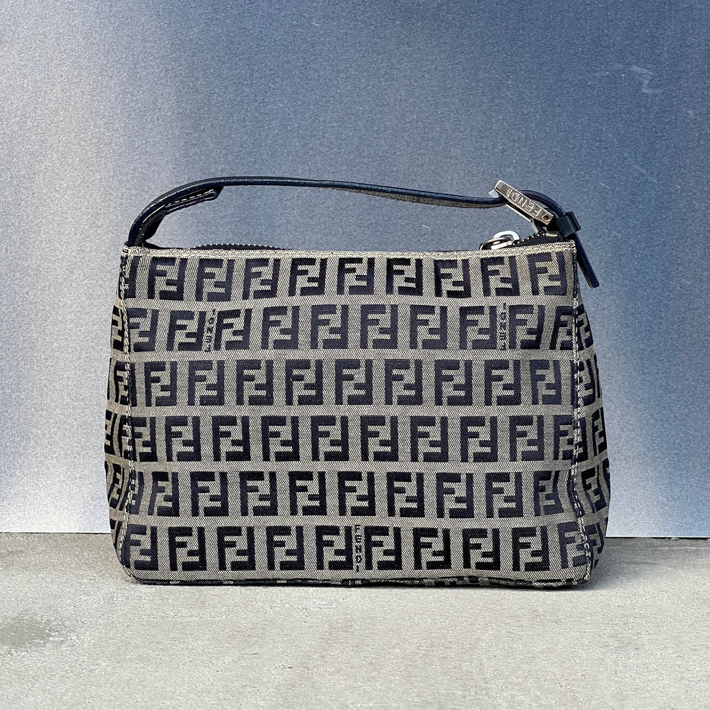 Fendi | FF Zucchino Monogram Canvas Navy Leather Silver Hardware Pochette Bag