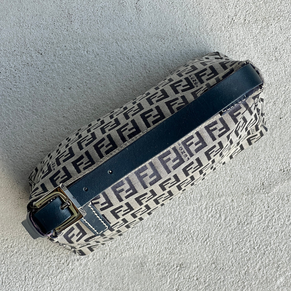 Fendi | FF Zucchino Monogram Canvas Navy Leather Silver Hardware Pochette Bag