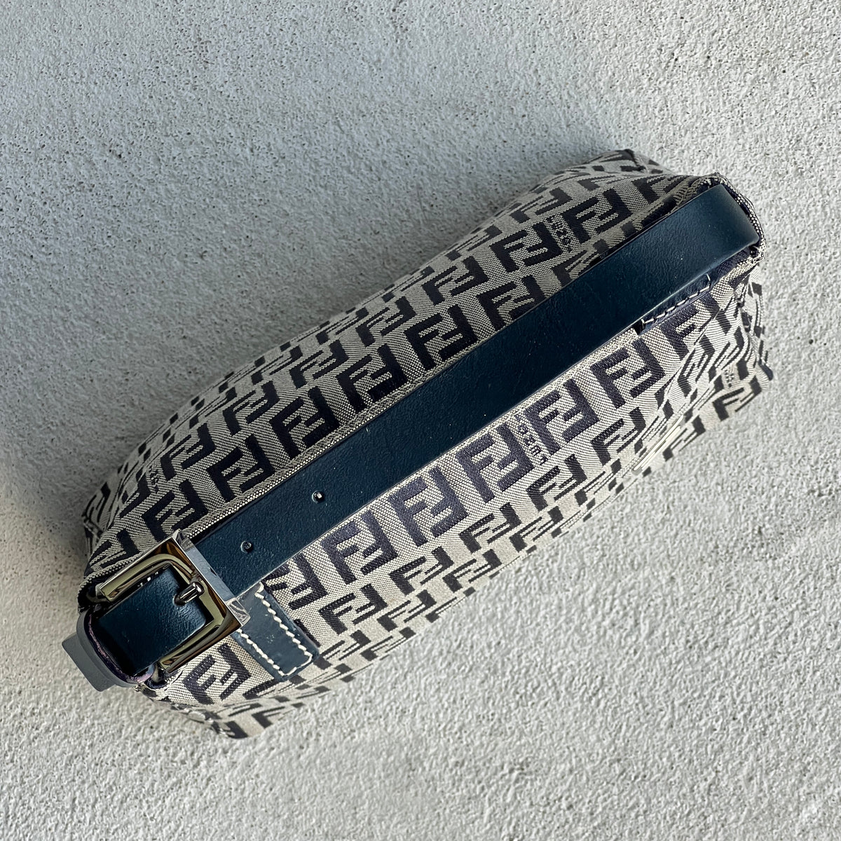 Fendi | FF Zucchino Monogram Canvas Navy Leather Silver Hardware Pochette Bag