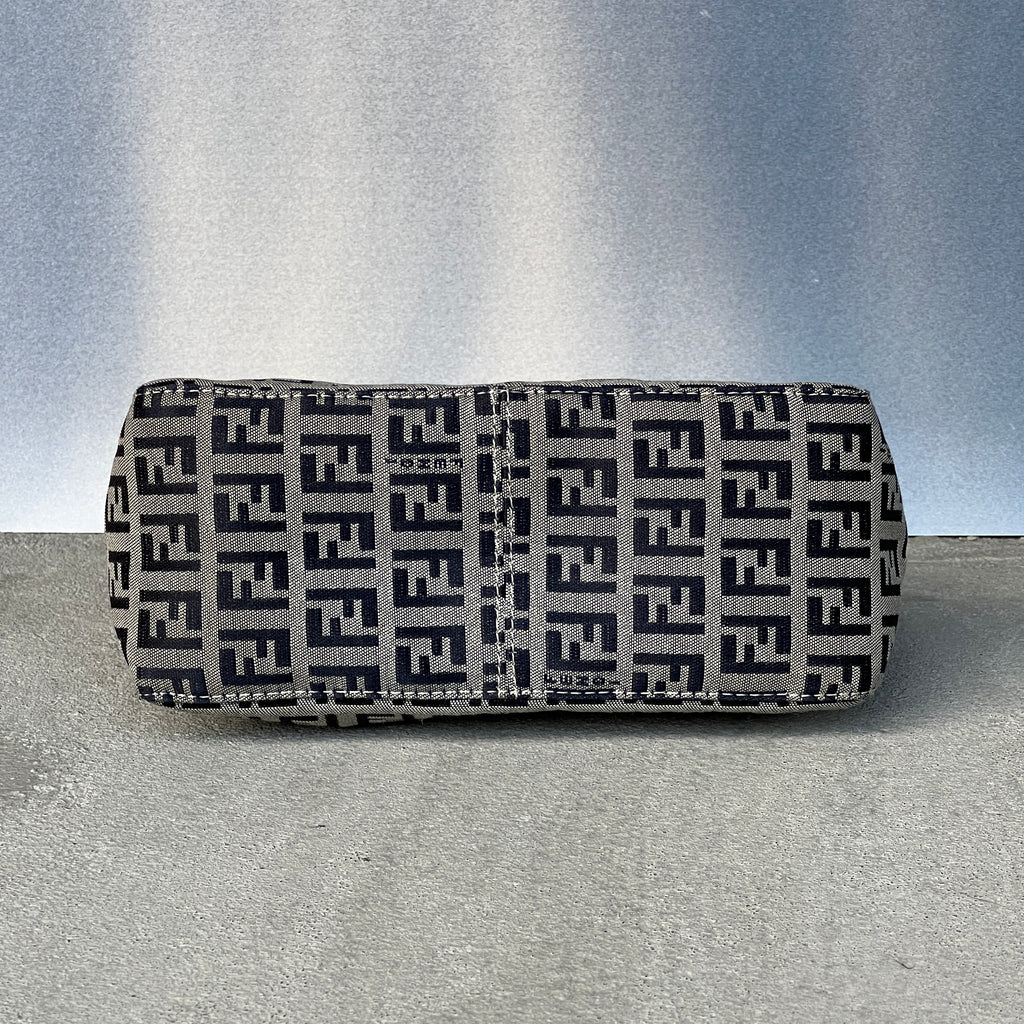 Fendi | FF Zucchino Monogram Canvas Navy Leather Silver Hardware Pochette Bag