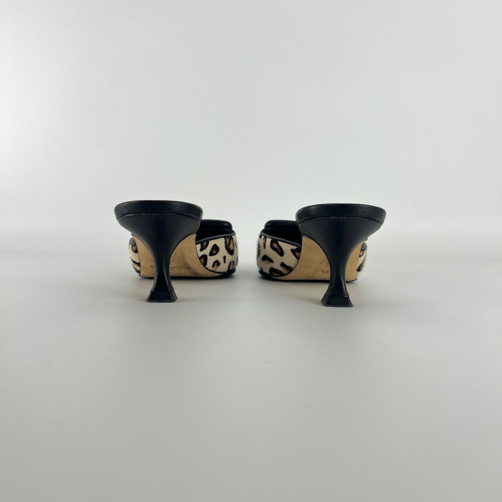 Manolo Blahnik | Calf Hair Leopard Print Black Buckle Maysale Pointed Toe Mules (35)