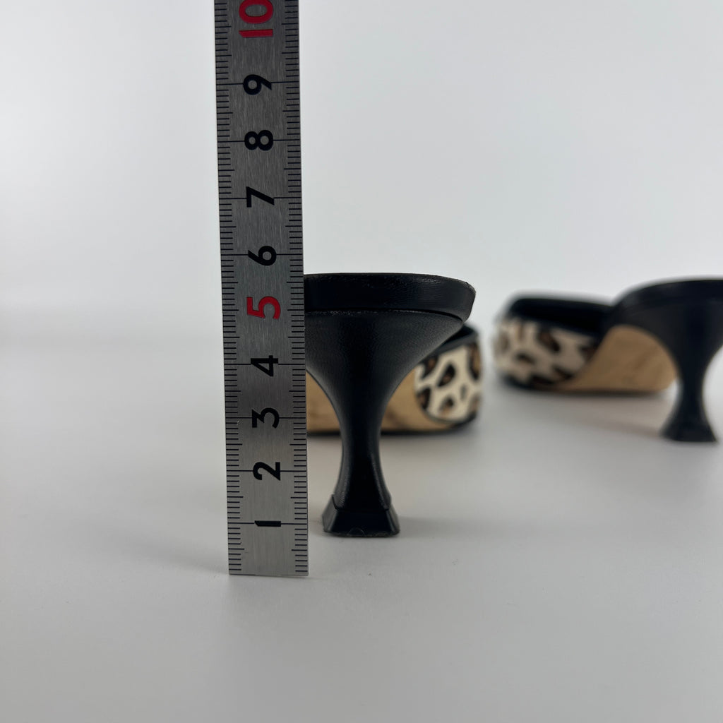 Manolo Blahnik | Calf Hair Leopard Print Black Buckle Maysale Pointed Toe Mules (35)