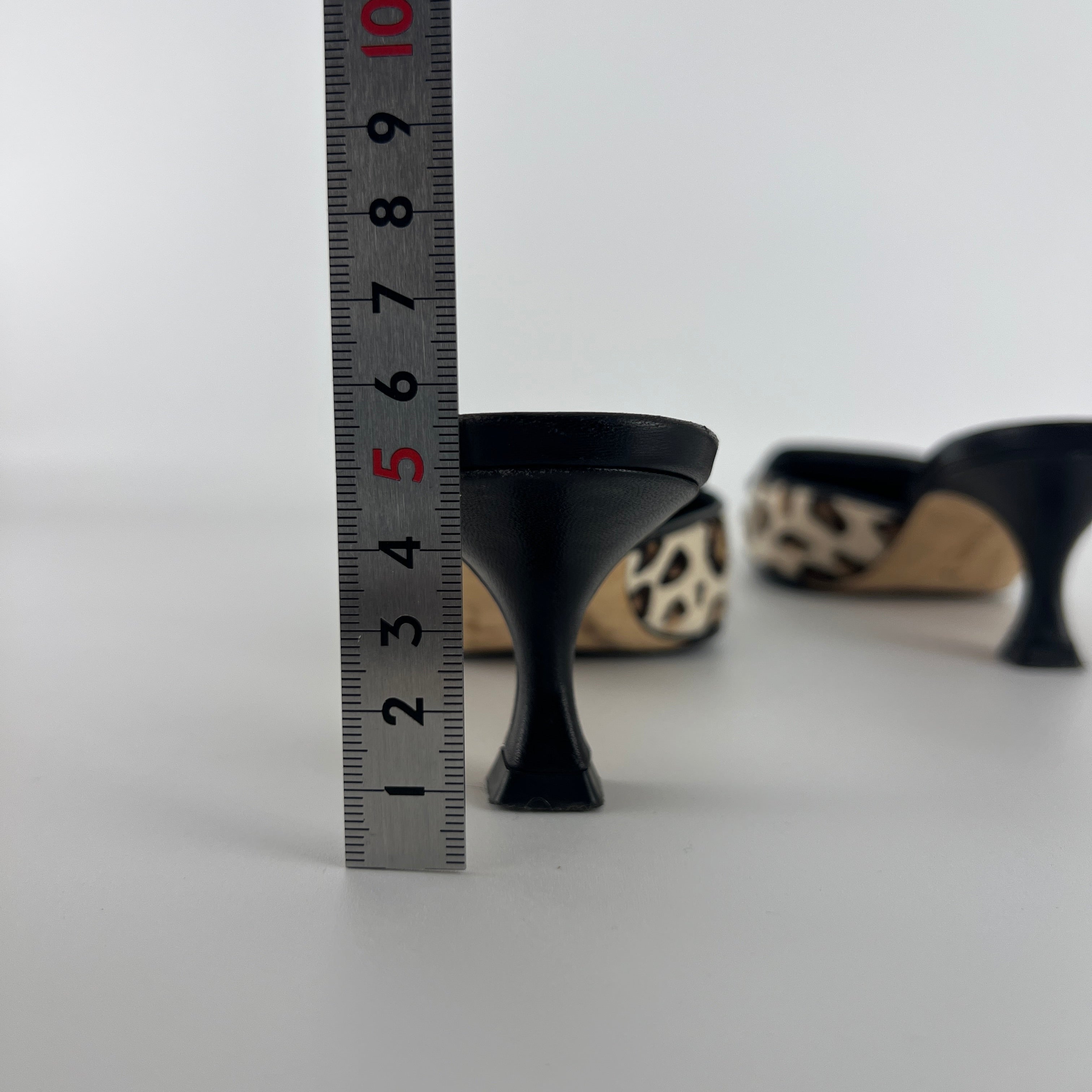 Manolo Blahnik | Calf Hair Leopard Print Black Buckle Maysale Pointed Toe Mules (35)