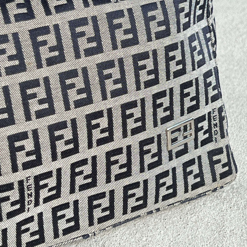 Fendi | FF Zucchino Monogram Canvas Navy Leather Silver Hardware Pochette Bag