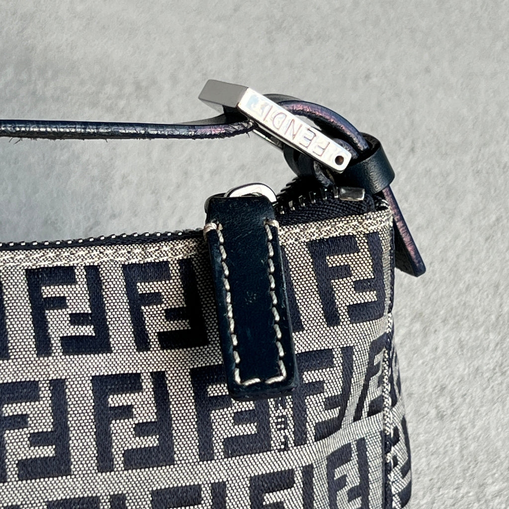 Fendi | FF Zucchino Monogram Canvas Navy Leather Silver Hardware Pochette Bag