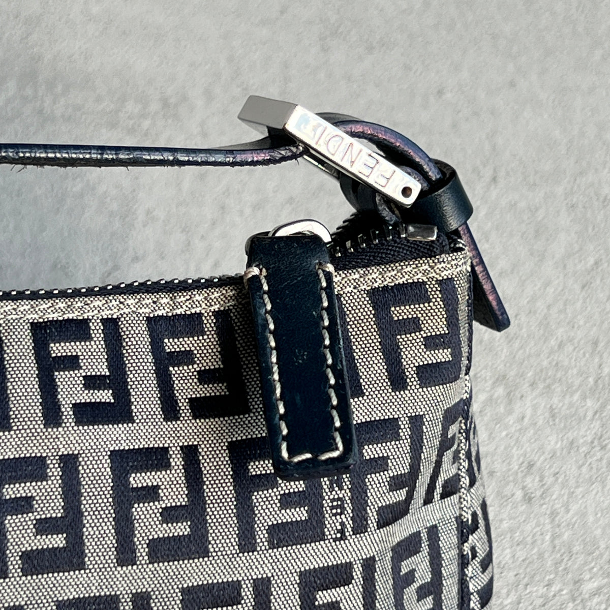 Fendi | FF Zucchino Monogram Canvas Navy Leather Silver Hardware Pochette Bag