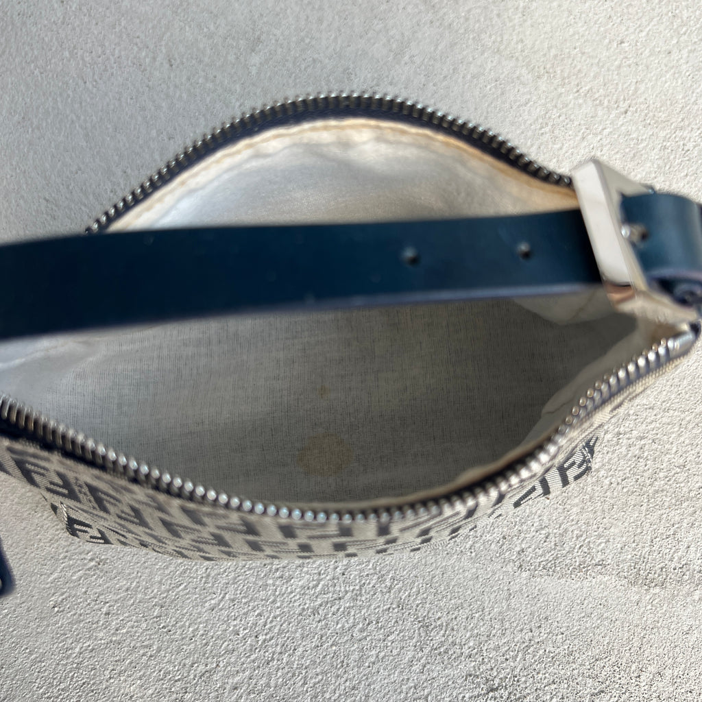 Fendi | FF Zucchino Monogram Canvas Navy Leather Silver Hardware Pochette Bag