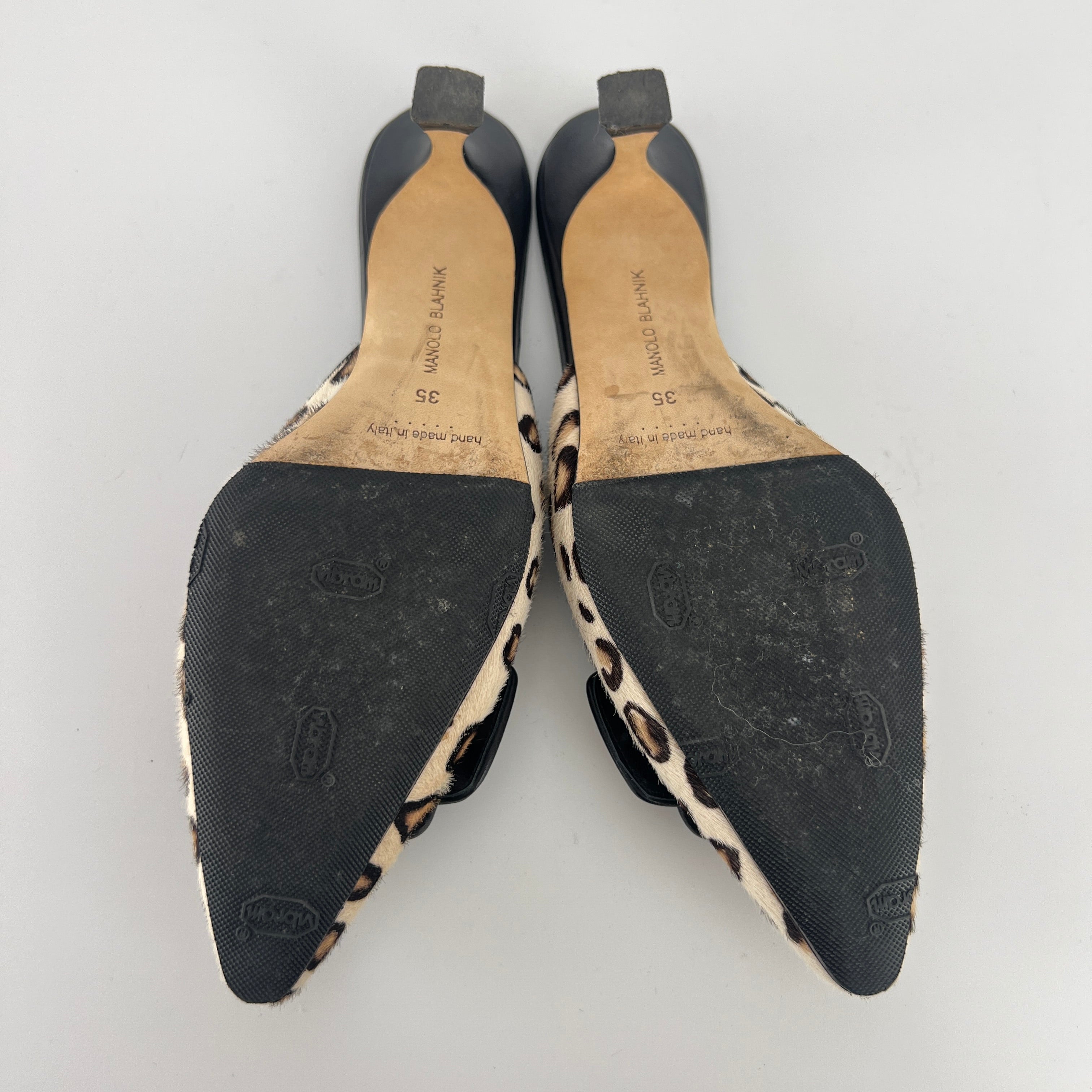 Manolo Blahnik | Calf Hair Leopard Print Black Buckle Maysale Pointed Toe Mules (35)