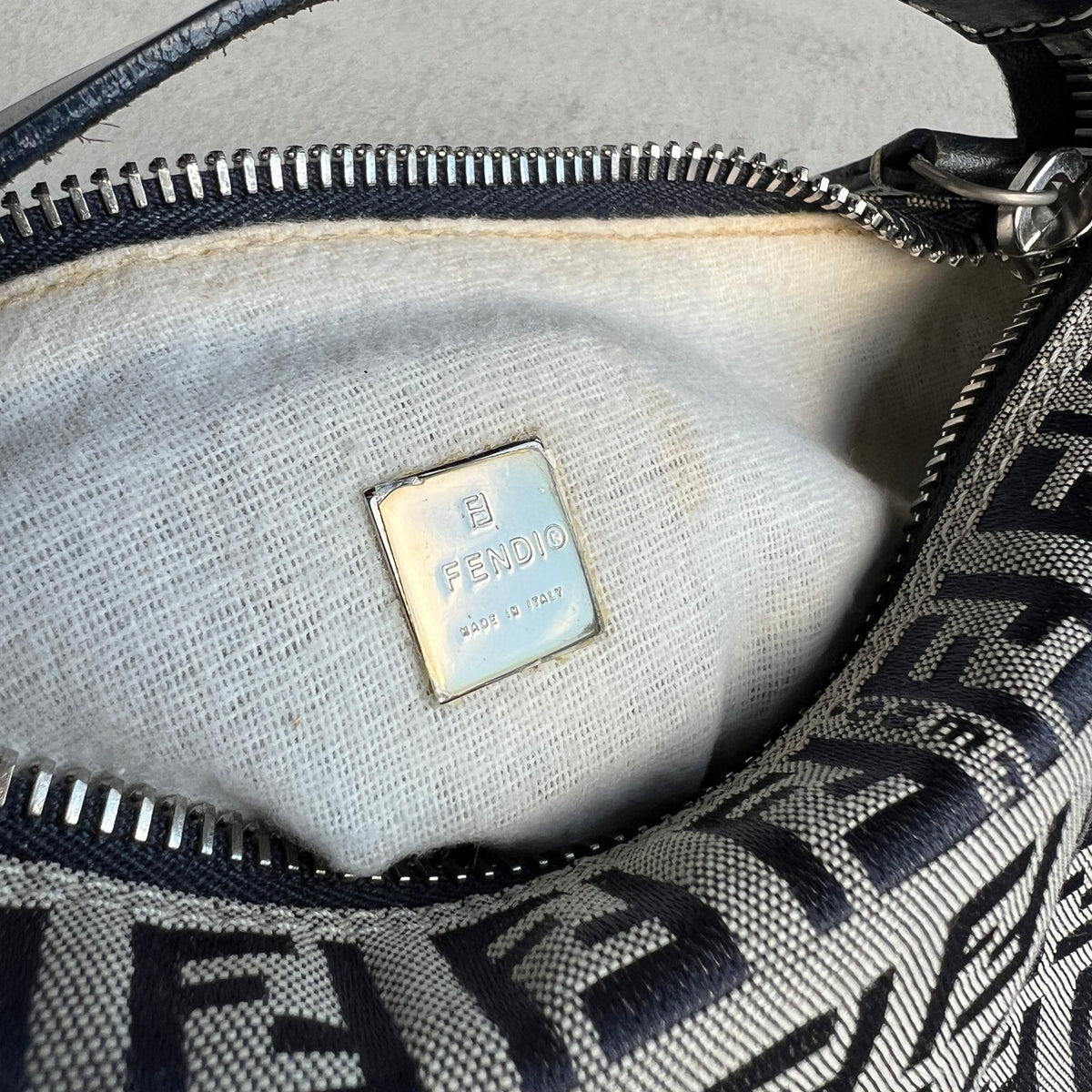 Fendi | FF Zucchino Monogram Canvas Navy Leather Silver Hardware Pochette Bag