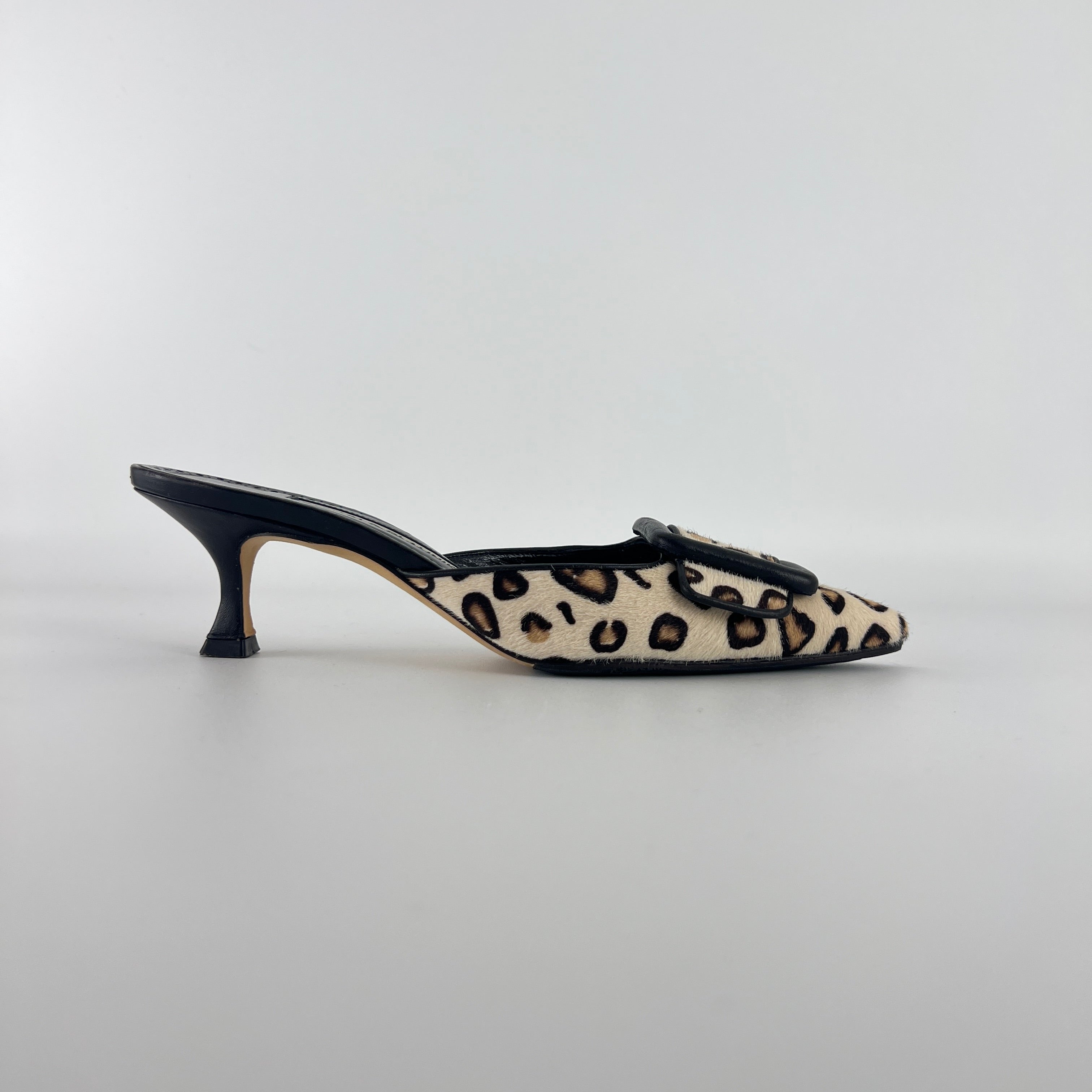 Manolo Blahnik | Calf Hair Leopard Print Black Buckle Maysale Pointed Toe Mules (35)