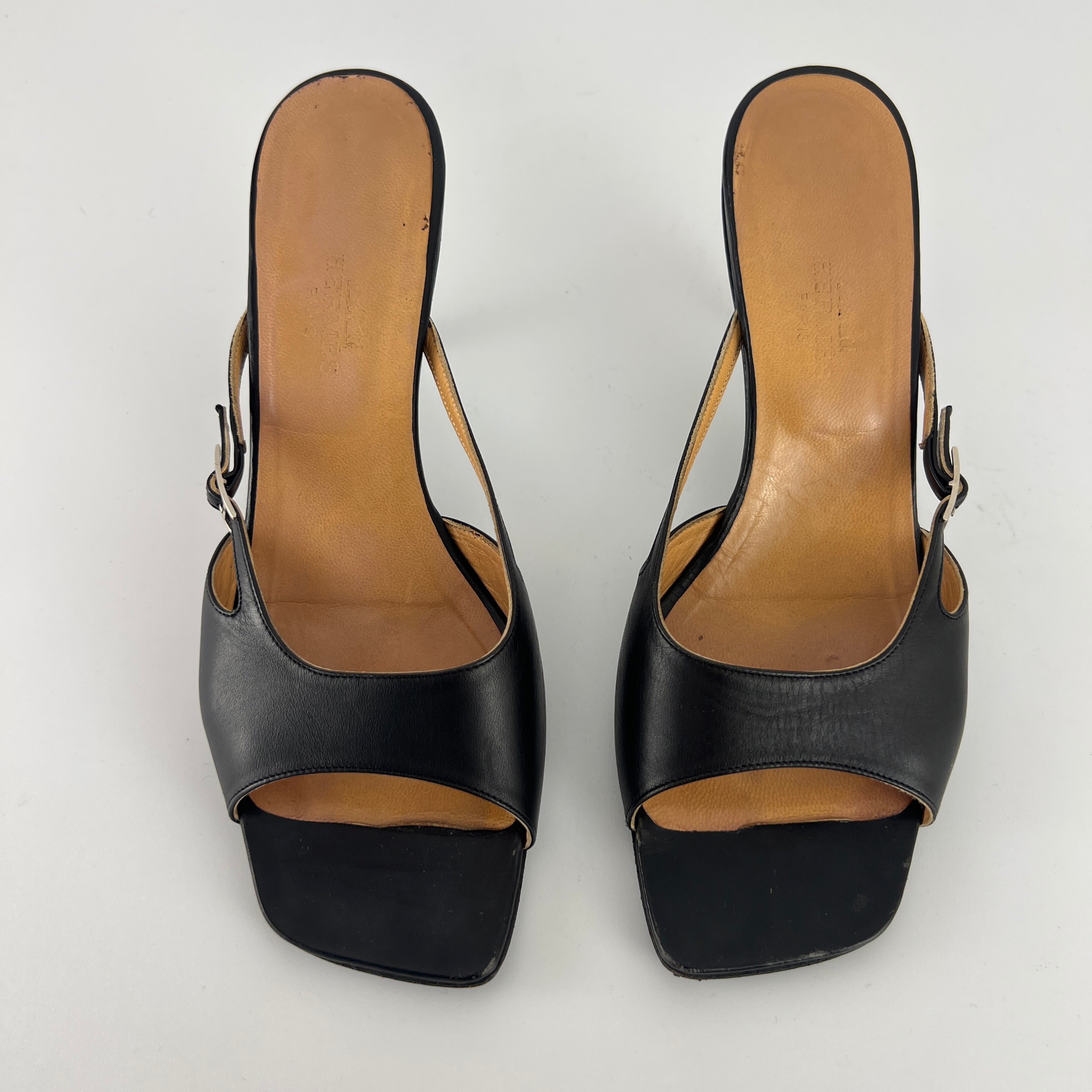 Hermes | Y2K Palladium H Buckle Black Leather Mid Heel Mules (37.5)