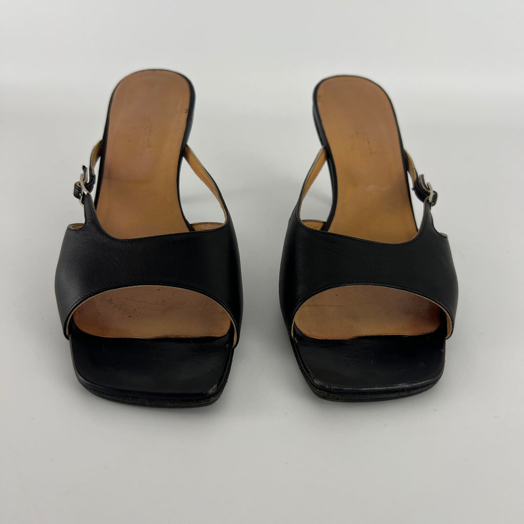 Hermes | Y2K Palladium H Buckle Black Leather Mid Heel Mules (37.5)