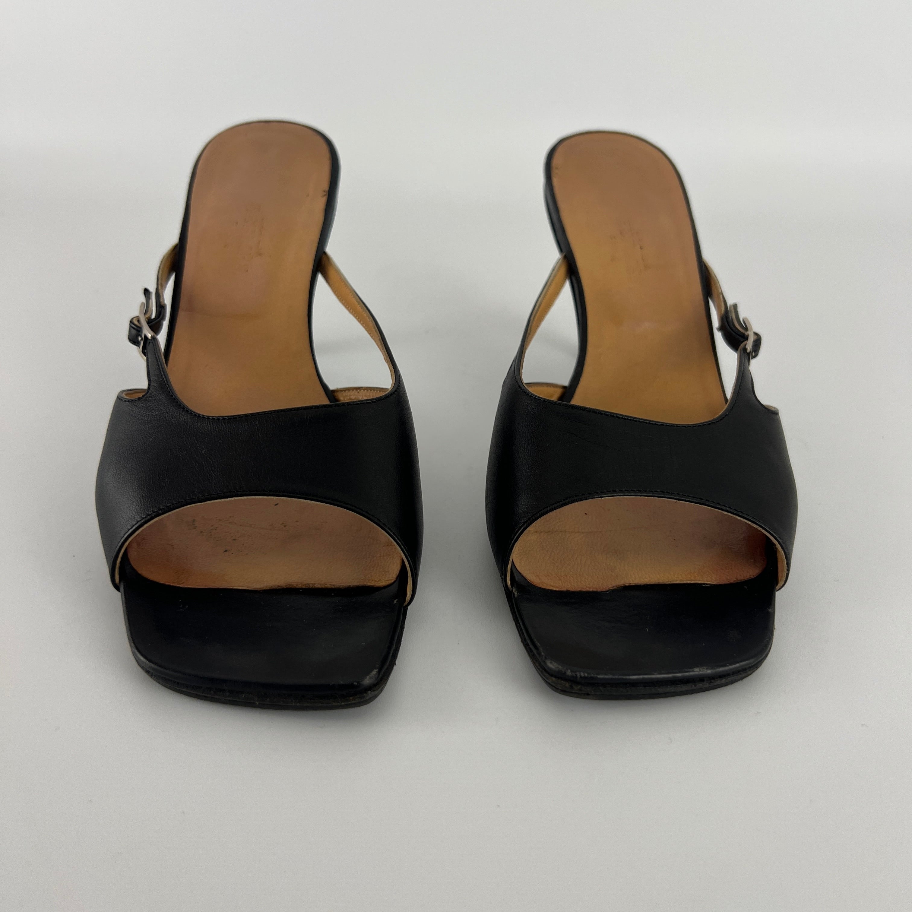 Hermes | Y2K Palladium H Buckle Black Leather Mid Heel Mules (37.5)