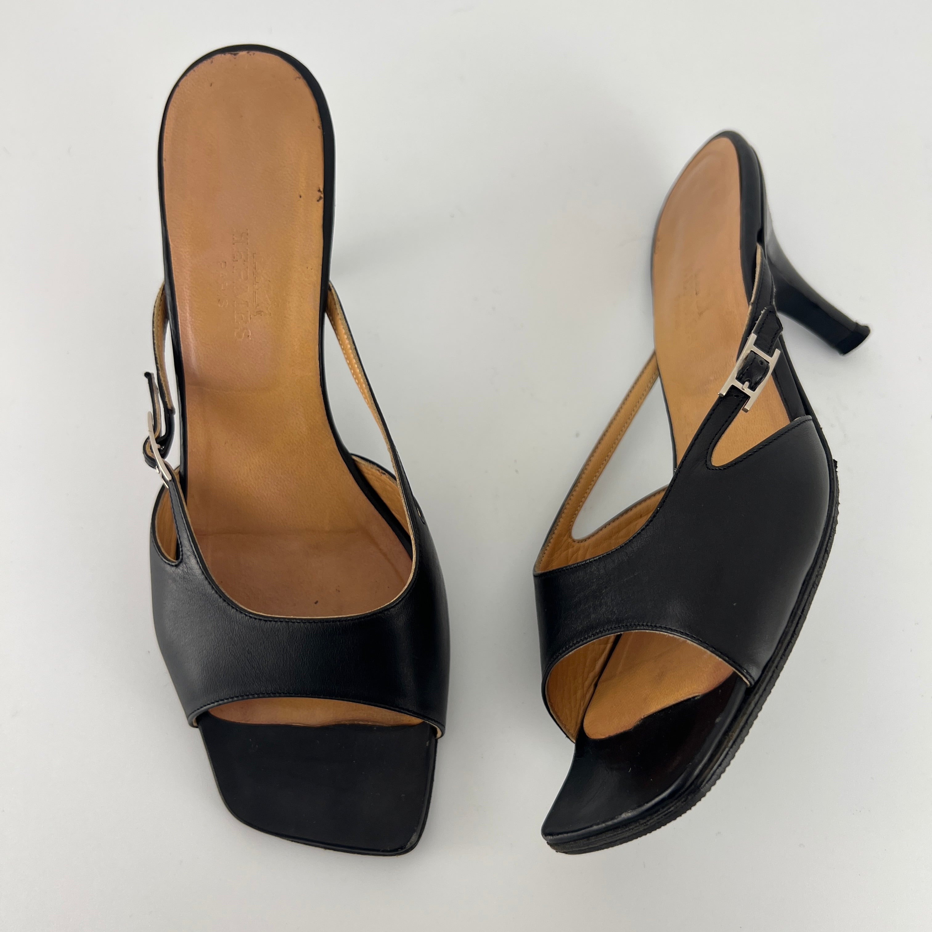 Hermes | Y2K Palladium H Buckle Black Leather Mid Heel Mules (37.5)