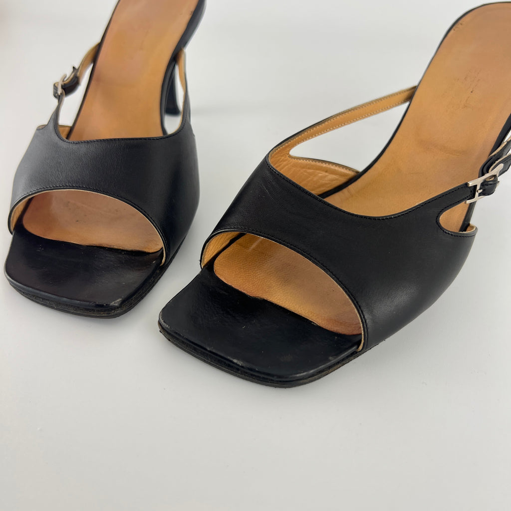 Hermes | Y2K Palladium H Buckle Black Leather Mid Heel Mules (37.5)