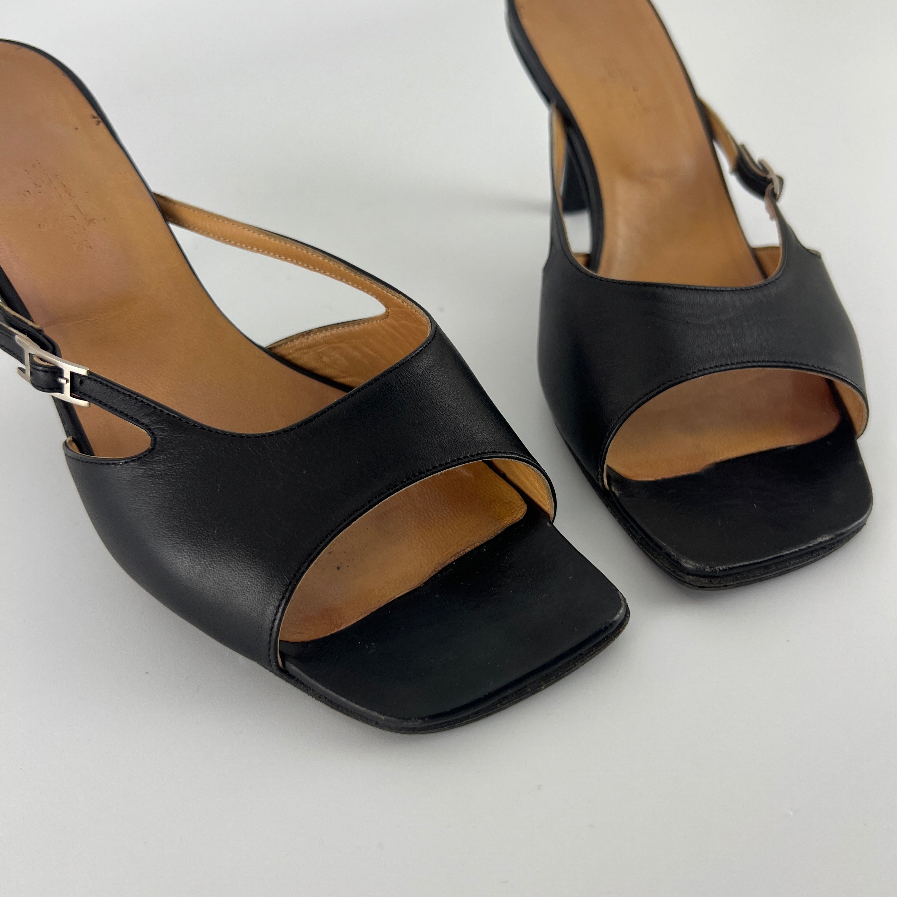 Hermes | Y2K Palladium H Buckle Black Leather Mid Heel Mules (37.5)