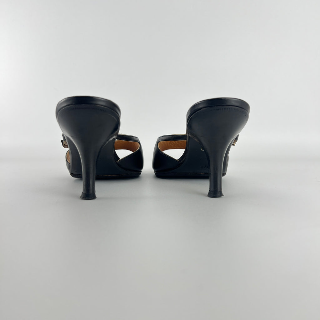 Hermes | Y2K Palladium H Buckle Black Leather Mid Heel Mules (37.5)