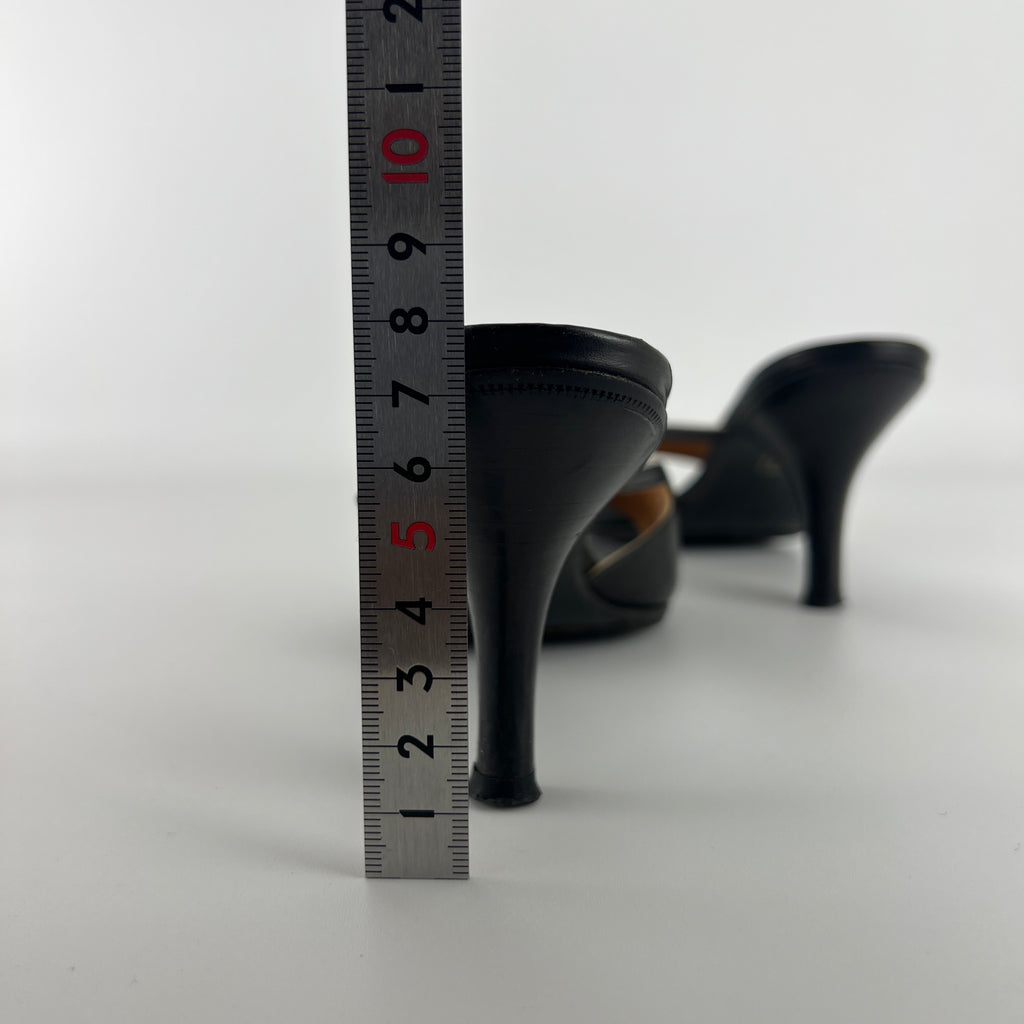 Hermes | Y2K Palladium H Buckle Black Leather Mid Heel Mules (37.5)