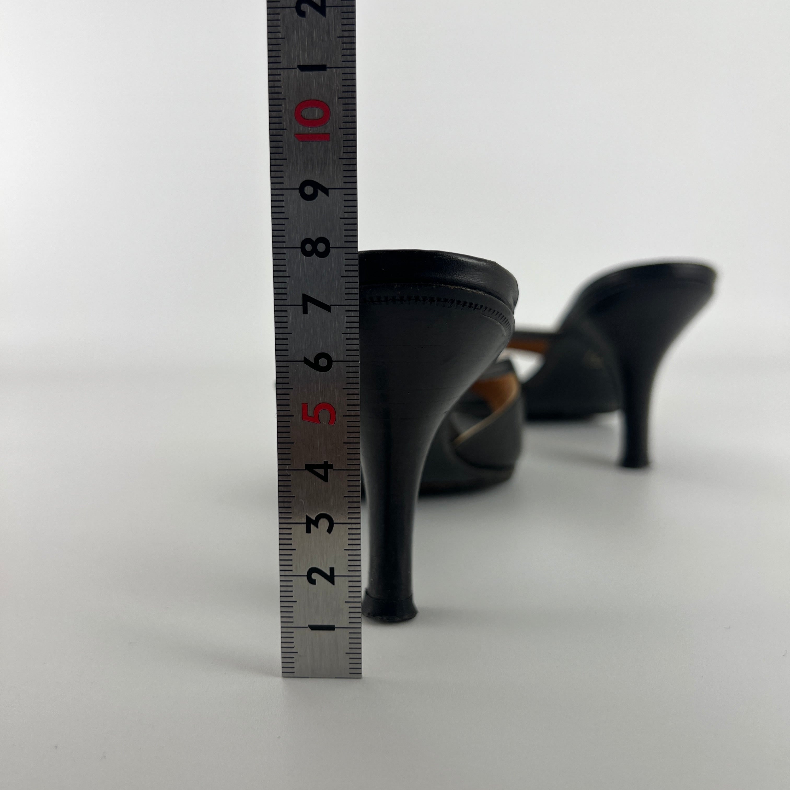 Hermes | Y2K Palladium H Buckle Black Leather Mid Heel Mules (37.5)