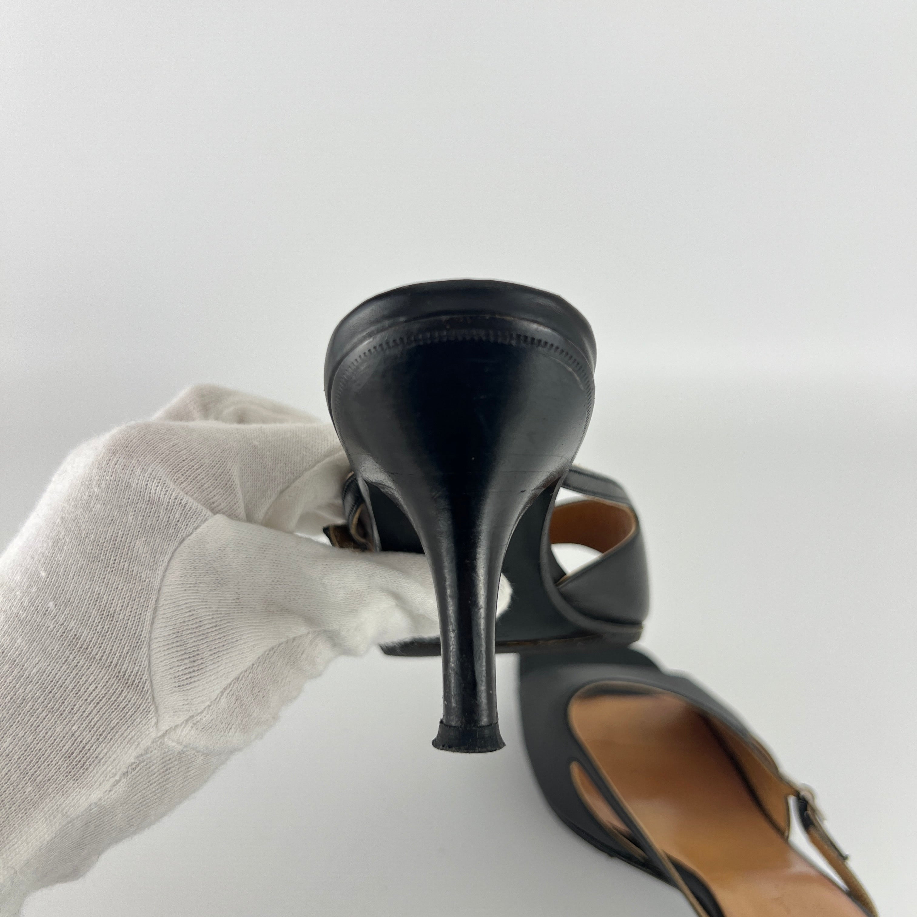 Hermes | Y2K Palladium H Buckle Black Leather Mid Heel Mules (37.5)