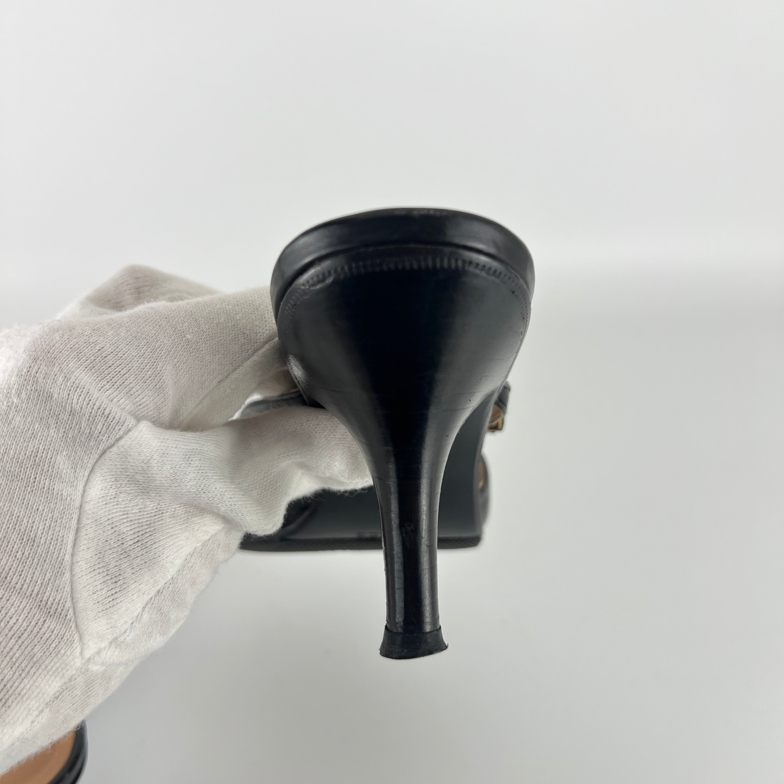 Hermes | Y2K Palladium H Buckle Black Leather Mid Heel Mules (37.5)