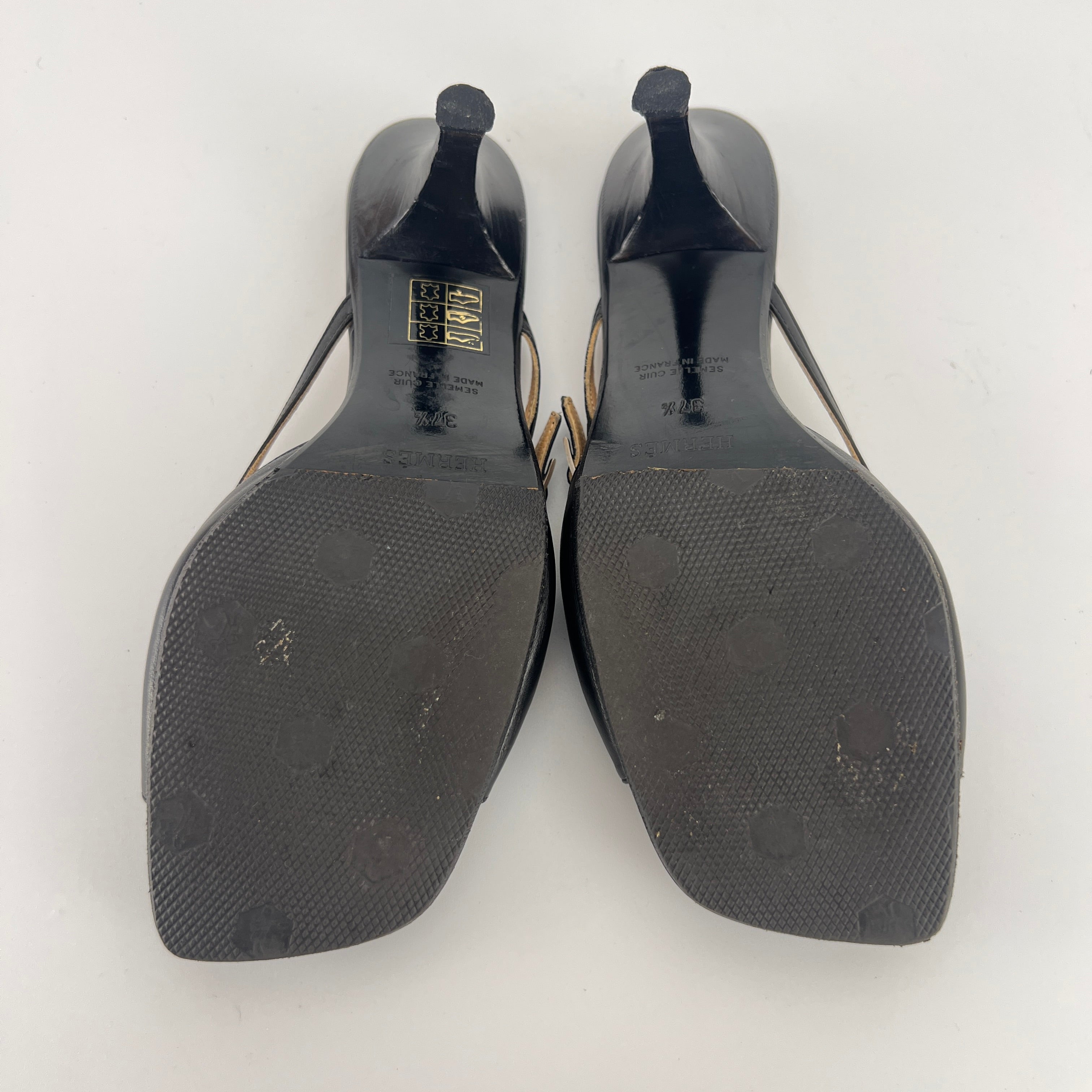 Hermes | Y2K Palladium H Buckle Black Leather Mid Heel Mules (37.5)
