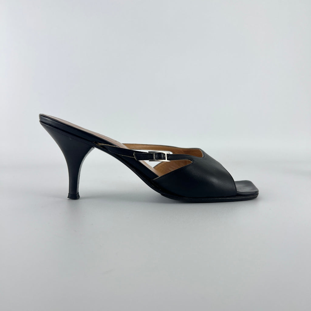 Hermes | Y2K Palladium H Buckle Black Leather Mid Heel Mules (37.5)