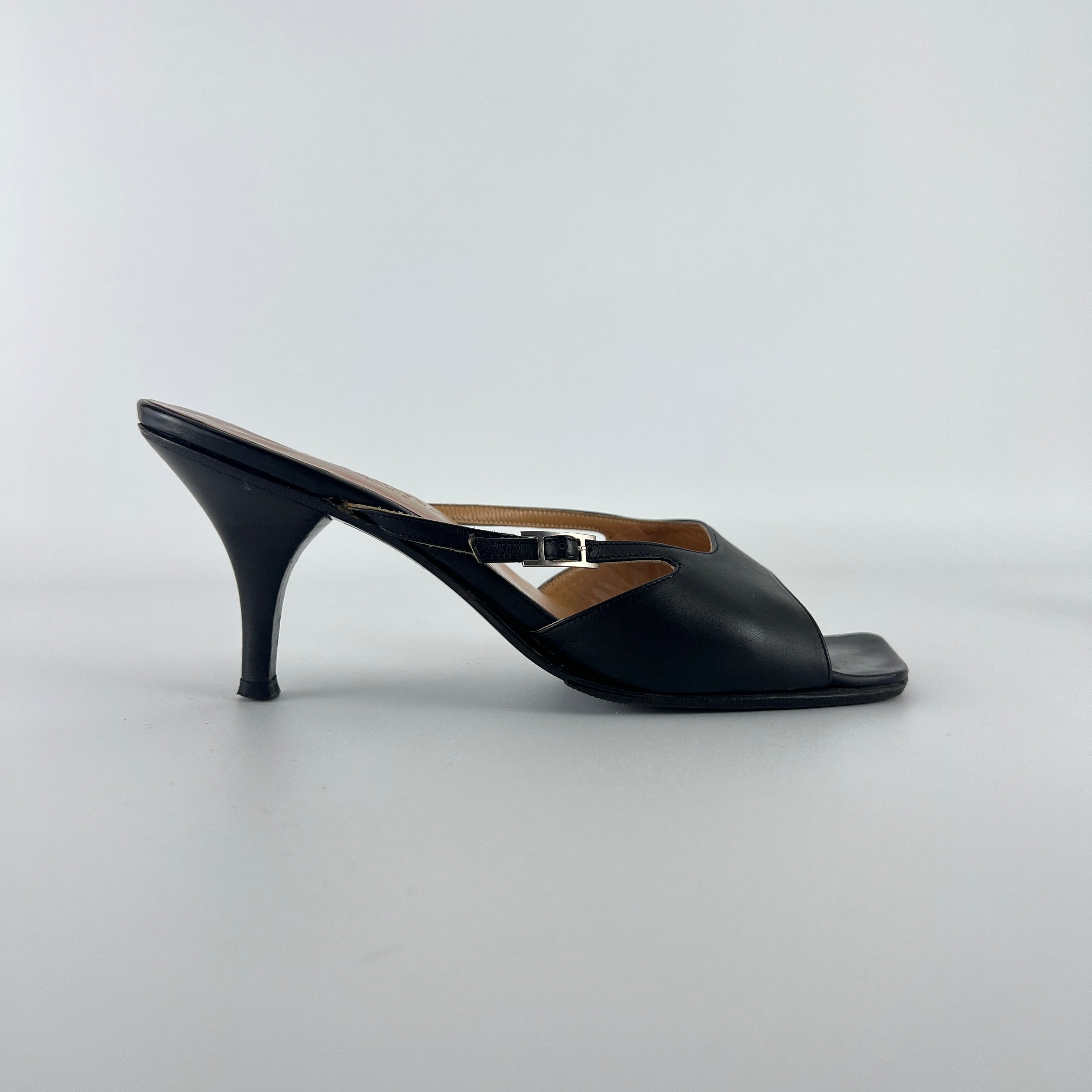 Hermes | Y2K Palladium H Buckle Black Leather Mid Heel Mules (37.5)