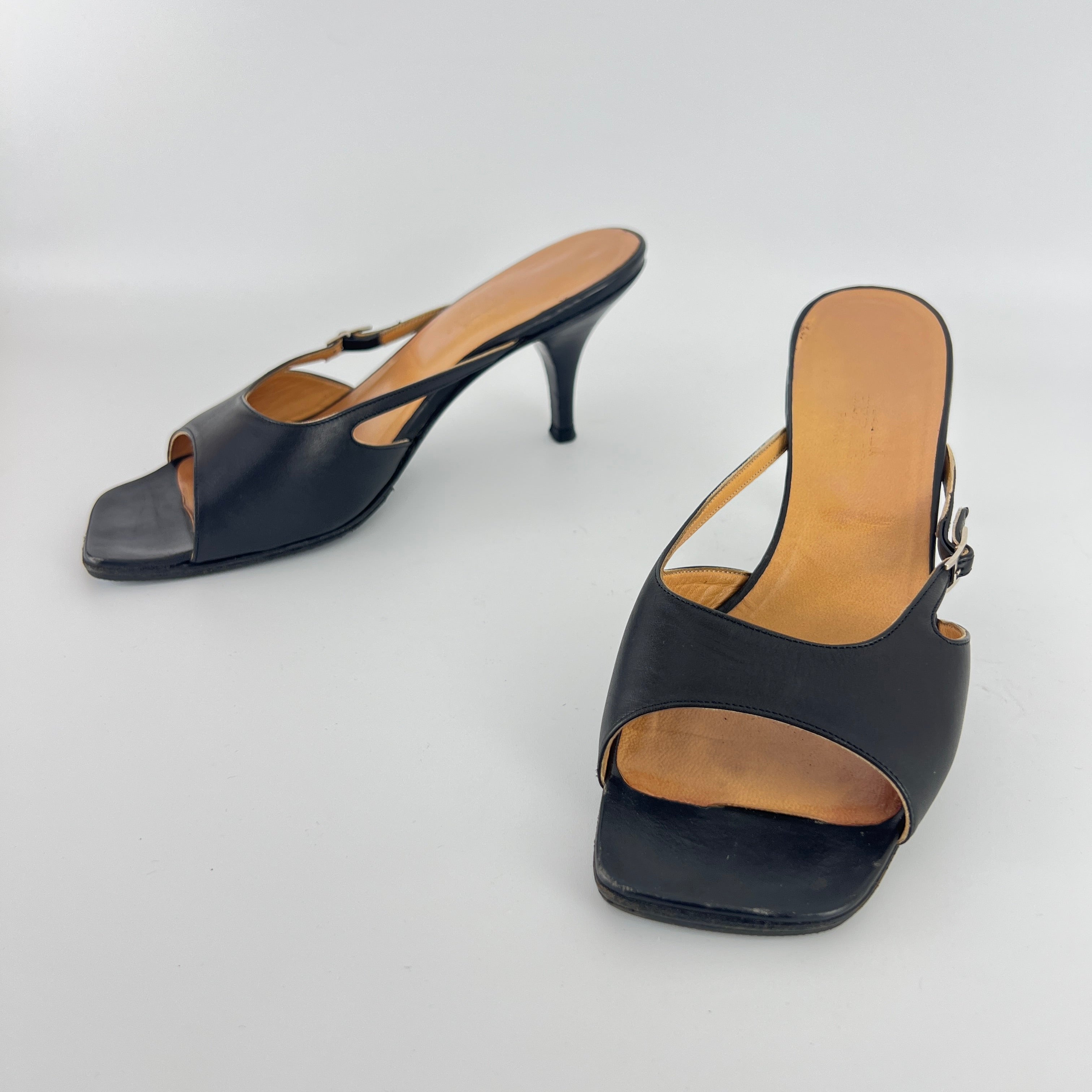 Hermes | Y2K Palladium H Buckle Black Leather Mid Heel Mules (37.5)