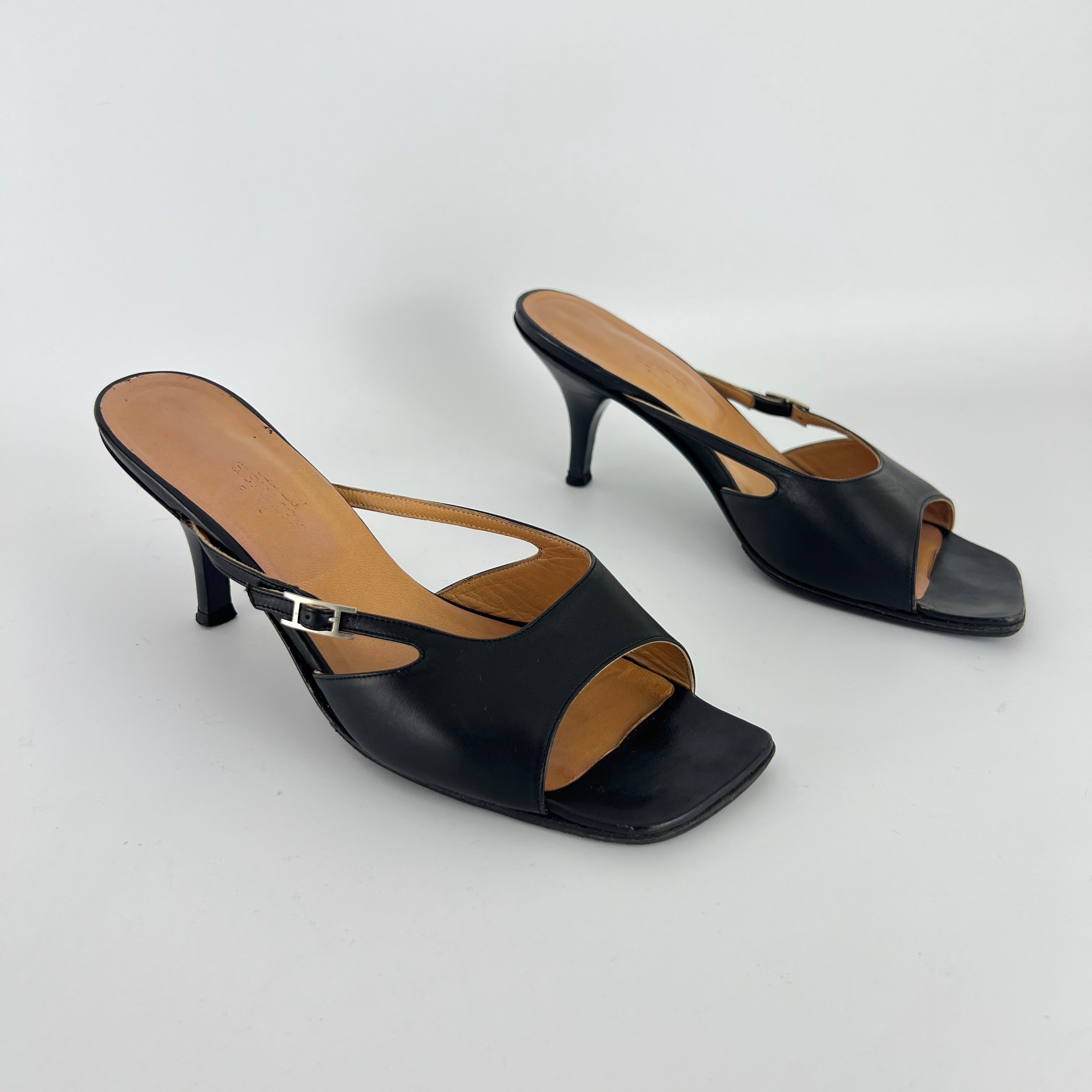 Hermes | Y2K Palladium H Buckle Black Leather Mid Heel Mules (37.5)