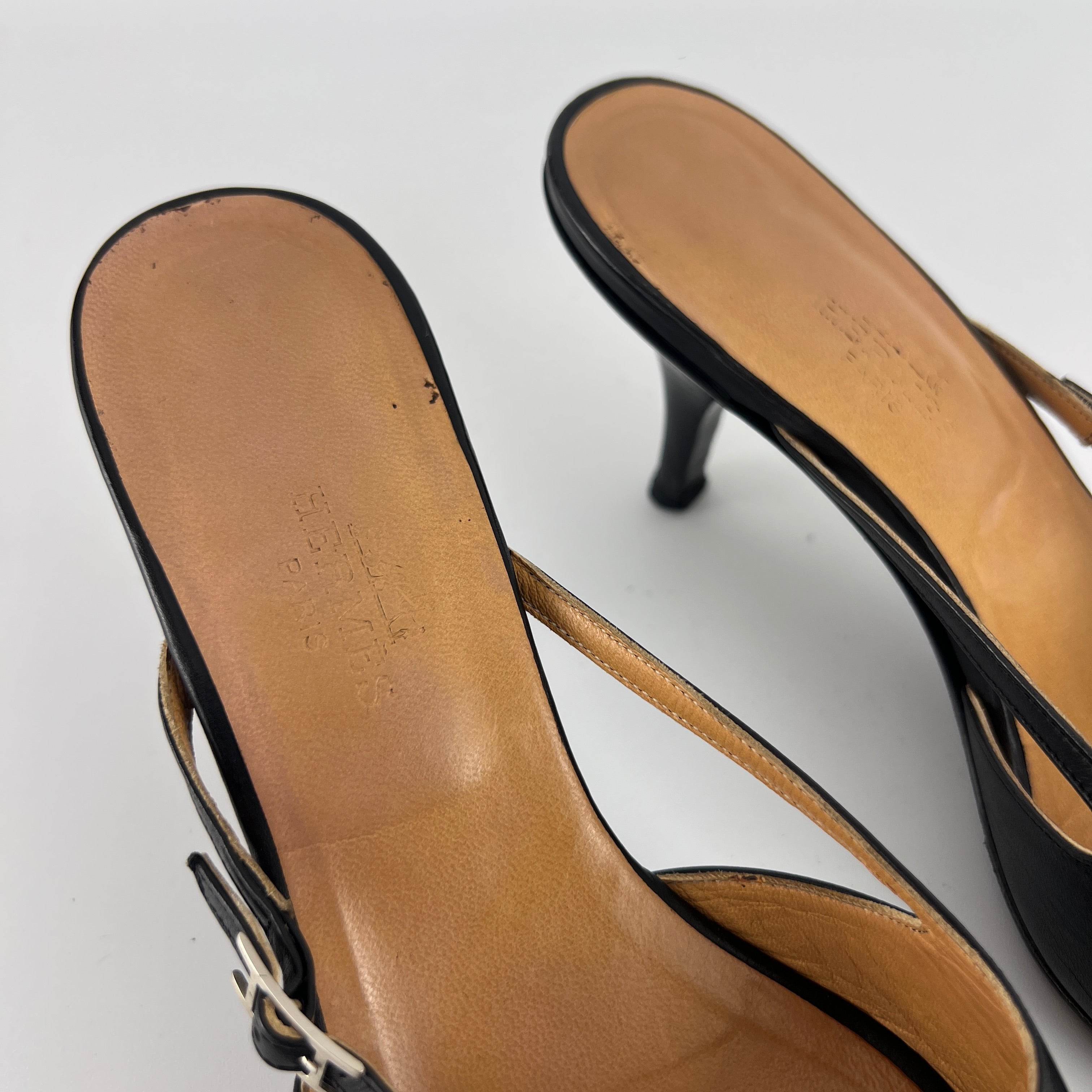 Hermes | Y2K Palladium H Buckle Black Leather Mid Heel Mules (37.5)
