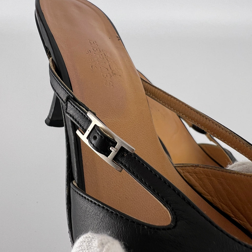 Hermes | Y2K Palladium H Buckle Black Leather Mid Heel Mules (37.5)