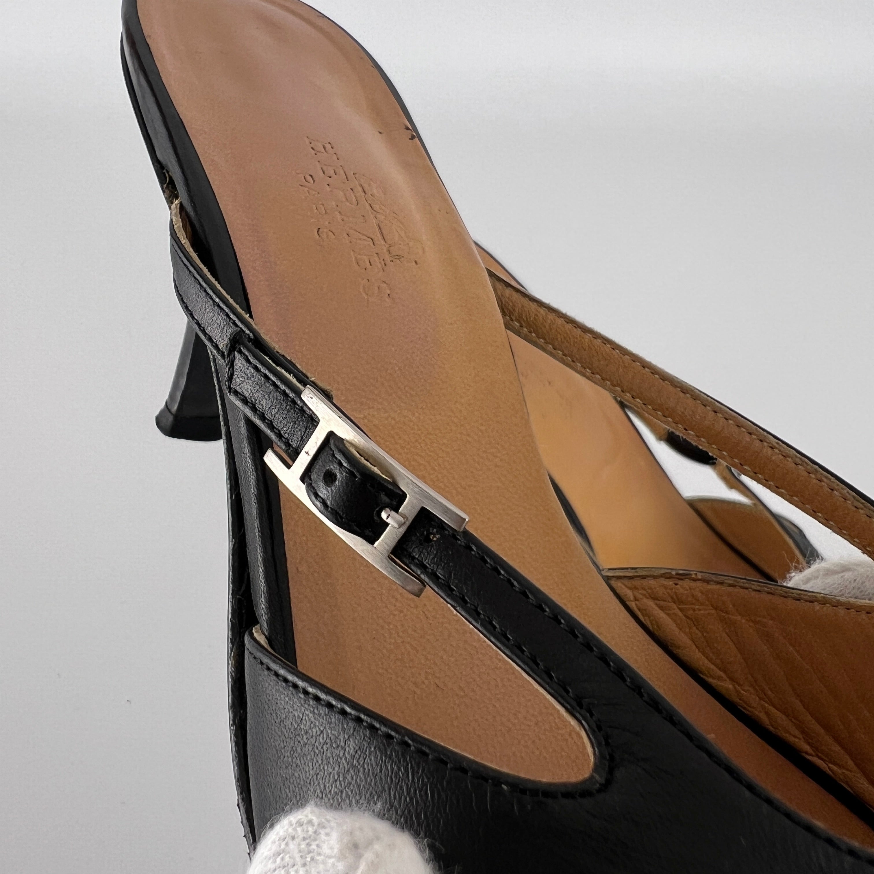Hermes | Y2K Palladium H Buckle Black Leather Mid Heel Mules (37.5)
