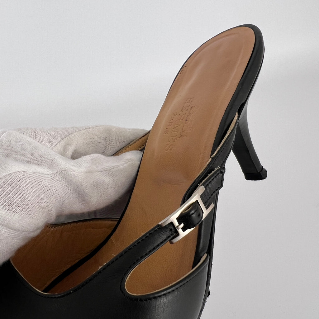 Hermes | Y2K Palladium H Buckle Black Leather Mid Heel Mules (37.5)