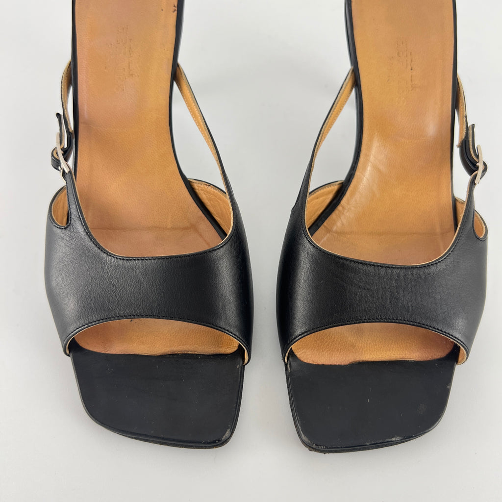 Hermes | Y2K Palladium H Buckle Black Leather Mid Heel Mules (37.5)