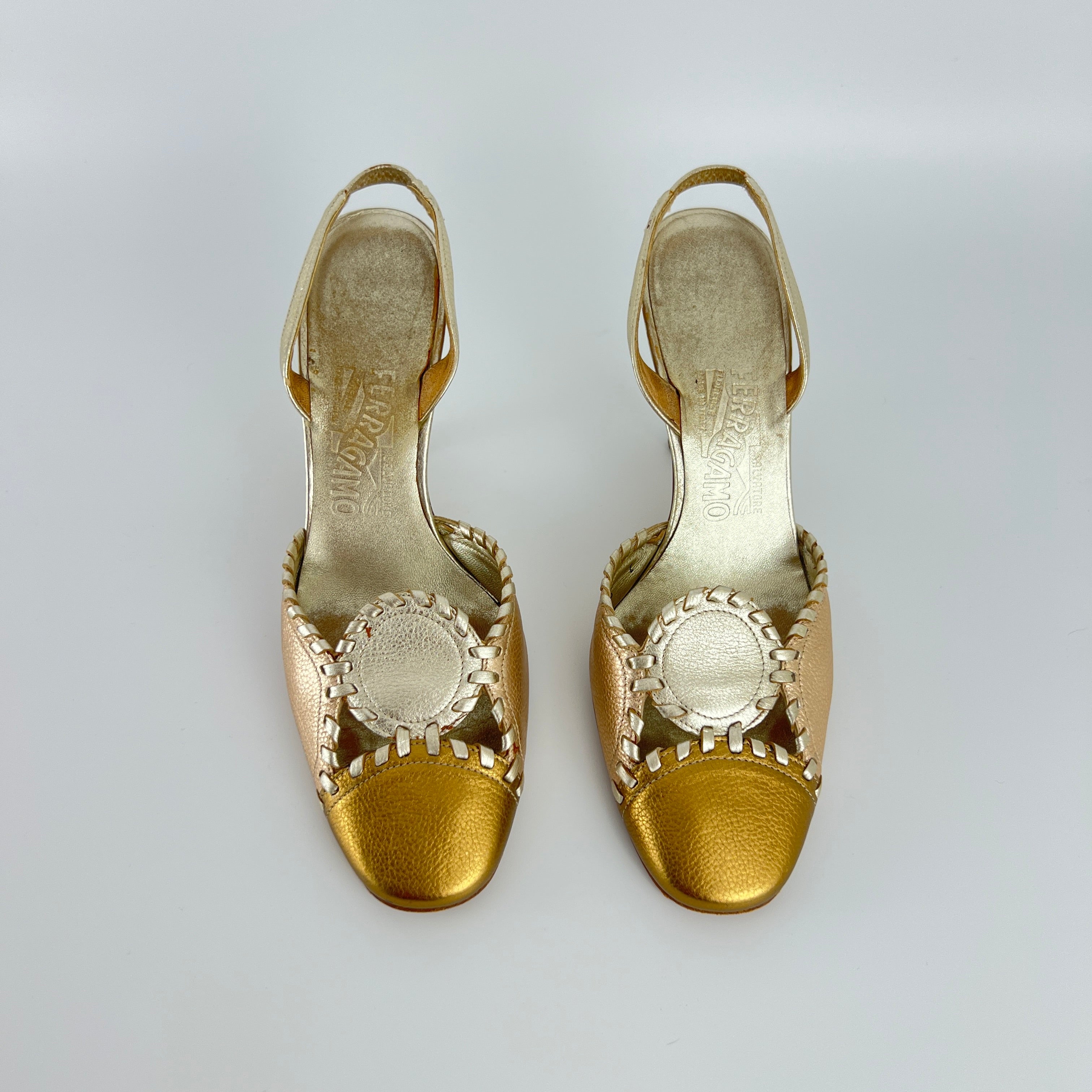 Ferragamo | Metallic Gold Leather Circle Top Stitch Slingback Heels (6C, UE 36)