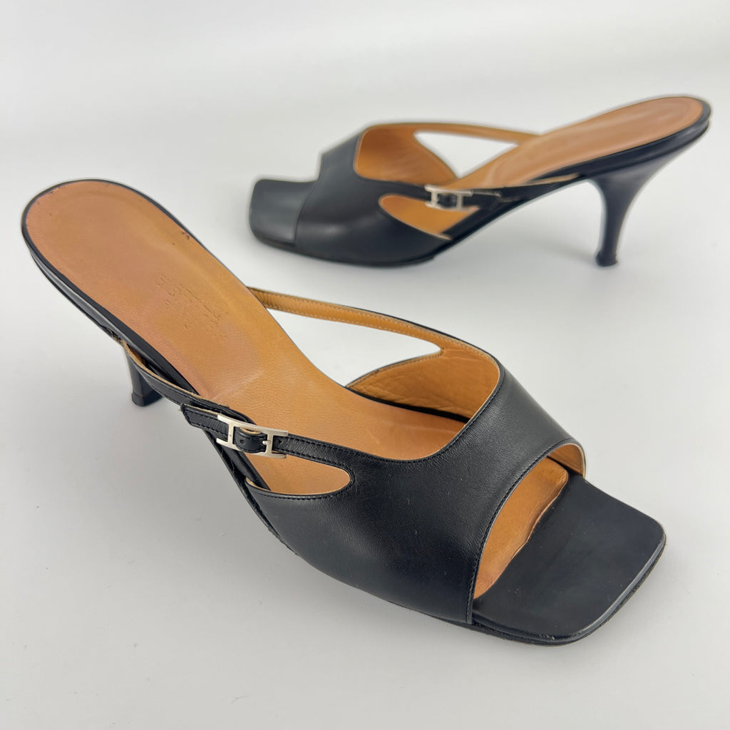 Hermes | Y2K Palladium H Buckle Black Leather Mid Heel Mules (37.5)